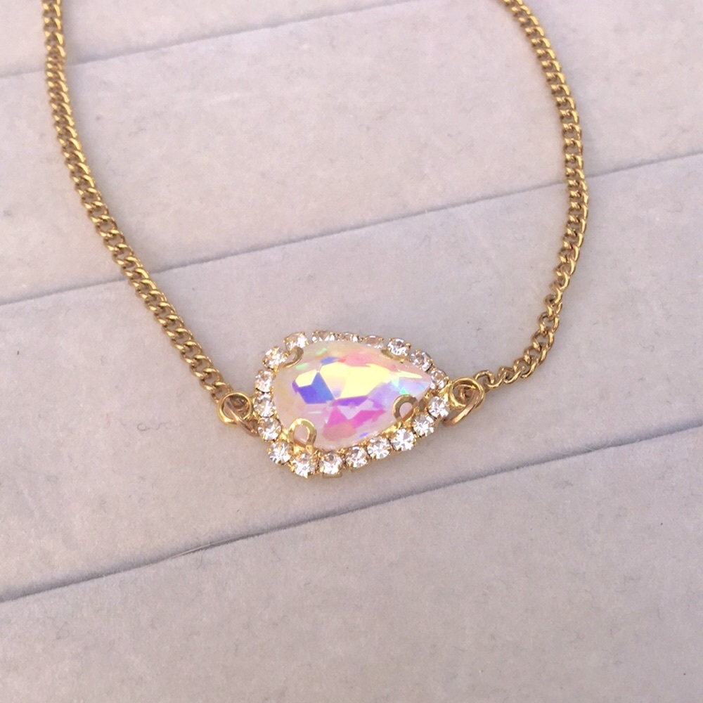 White Aurora Borealis Crystal Halo + Gold Pear Adjustable Boho Bracelet - Picture 7 of 13